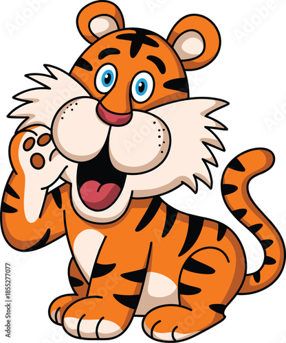 Cute cartoon tiger character vector illustration with happy face and waving paw isolated on white background for kids education mascot