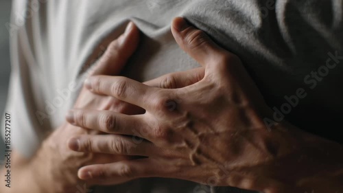 A man is holding his stomach and his hands are on his chest. He looks uncomfortable and in pain
