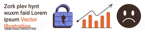Data security, business analytics, online risk, cybersecurity, economic growth, performance issues. A lock, upward graph and sad face. Data security and business analytics concept