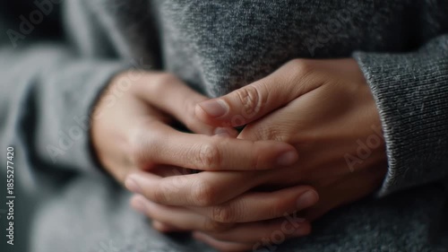 A person is holding their hands together, with their arms crossed. Concept of tension or discomfort, as the person's body language suggests they are trying to protect themselves or hide something