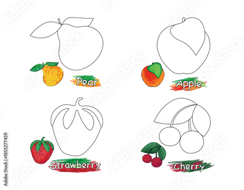 Various fruits: pear, apple, strawberry, and cherry. The coloring page features a simple black outline of each fruit, along with a color image of the same fruit.