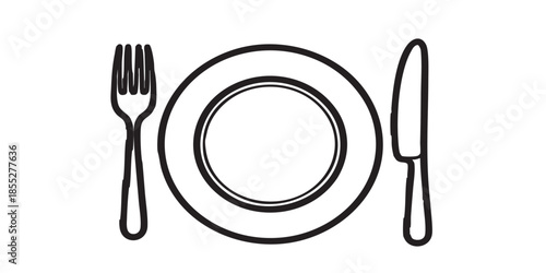 Restaurant plate and utensils outline icon vector