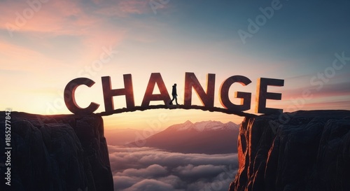 Person walking across the word CHANGE over a chasm