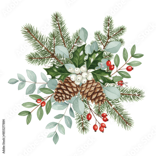 exquisitely detailed watercolor illustration of a festive christmas botanical swag featuring evergreen pine, white holly berries, pinecones, and red hips, isolated on transparent. concept for luxury