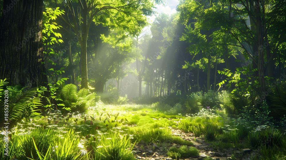 Obraz premium Sunlit Forest Path with Lush Greenery