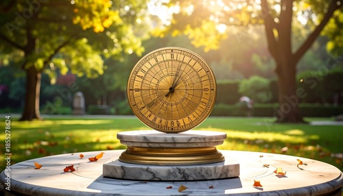 Antique sundial bathed in golden light in a serene garden setting