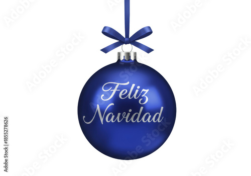 a perfectly spherical, deep sapphire blue christmas bauble with shimmering 'feliz navidad' text and elegant silver cap, suspended by a ribbon against a transparent background with copy space. modern