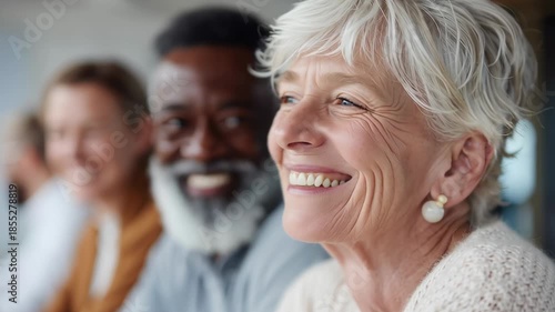 A group of people, including a woman with white hair, are smiling and posing for a photo