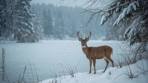 Deer standing near frozen lake surrounded by snow covered trees in winter