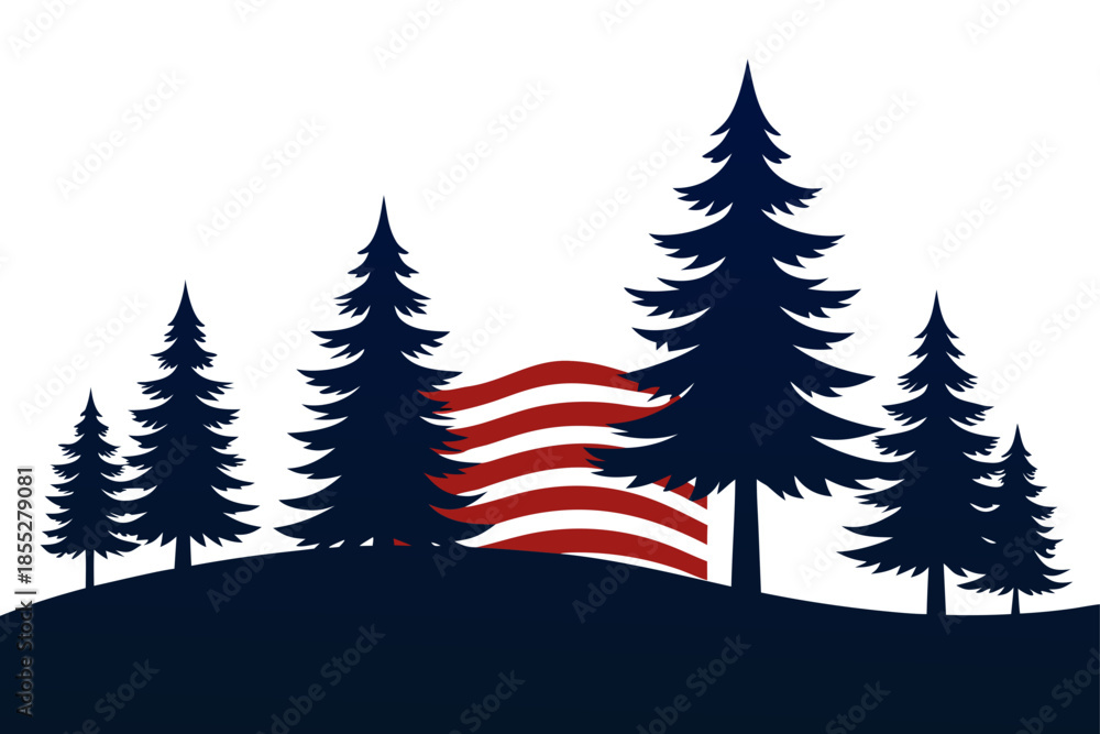 Obraz premium Minimalist Pine Tree Forest Silhouette with American Flag Pattern, Patriotic Nature Symbol