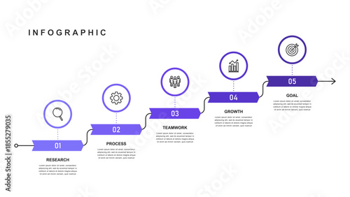 Business success staircase infographic with icons and 5 steps, timeline roadmap template for process, strategy, goal achievement, and corporate growth presentation design
