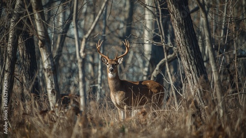 Deer standing beneath bare trees during late winter afternoon with soft light