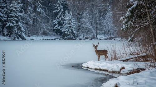 Deer standing near frozen lake surrounded by snow covered trees in winter