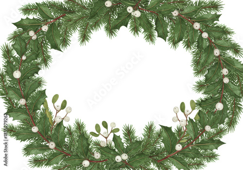 Meticulous hand-painted symmetrical watercolor botanical frame of vibrant emerald fir branches, stylized holly, and translucent white mistletoe on transparent. Elegant holiday border design
