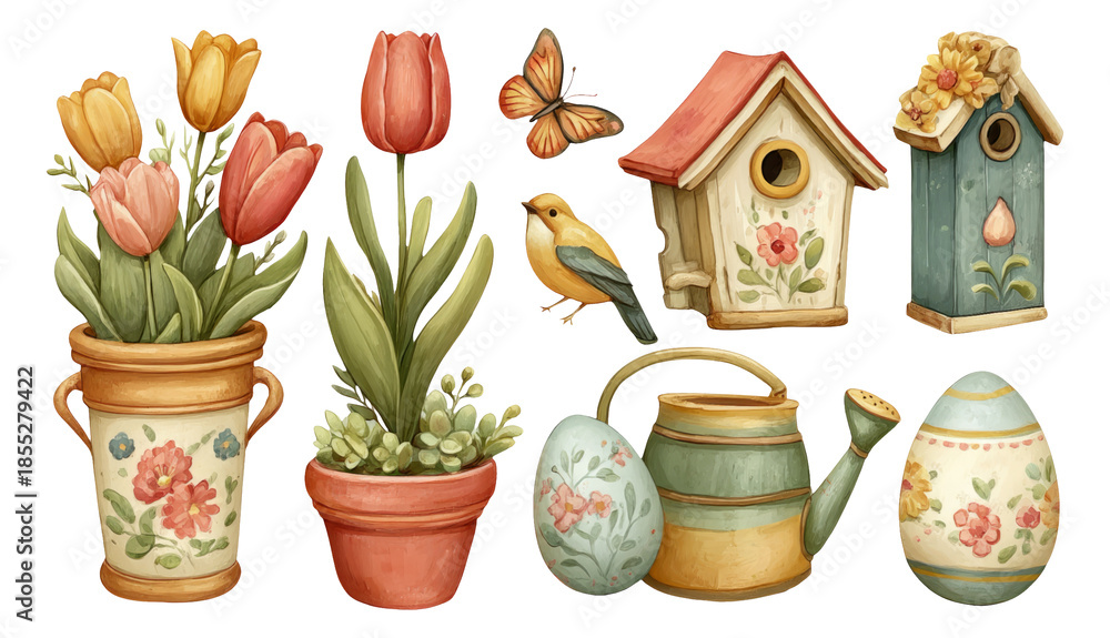 Fototapeta premium Spring Garden Celebration Elements with Flowers, Birds, Pots, and Decor Items