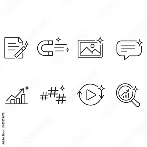 Content creator icon set. Digital marketing website set icon vector. For computer and mobile. Social media strategy and SEO vector collection. Modern simple linear icons. Vector illustration.