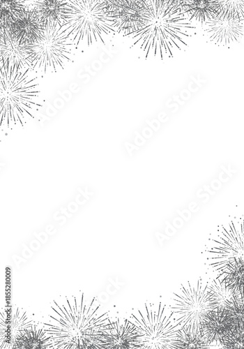 voluminous silver glitter bursts forming highly detailed, symmetrical borders at the top and bottom of transparent copy space, vector illustration, luxurious festive design concept