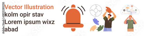 Notification systems, teamwork, digital alerts, problem solving, brainstorming, collaboration. An alarm bell icon and puzzle pieces next to two individuals. Notification systems and teamwork concept