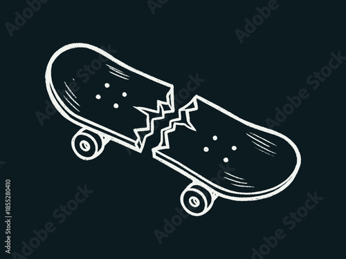 White line art of a broken skateboard snapped in two pieces on a dark background, isometric hand drawn style showing a damaged skate deck with wheels and hardware details