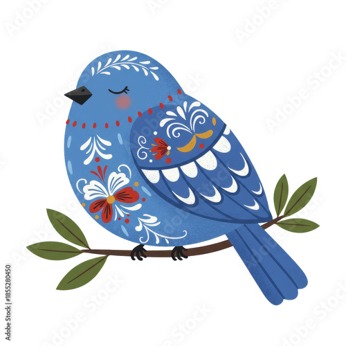 Small, adorable vibrant blue songbird illustrated in naive scandinavian folk art style with stylized red and yellow kurbits patterns on a transparent background. Concept of charming repose