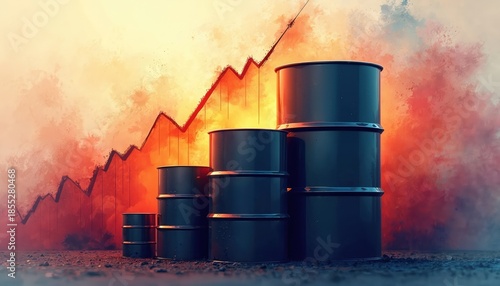 Oil barrels stacked in front of rising red graph symbolizing market growth. Energy industry prices increase showing upward trend. Crude commodity demand on global economy.