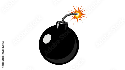 Black Bomb with Lit Fuse and Bright Sparks on White Background
