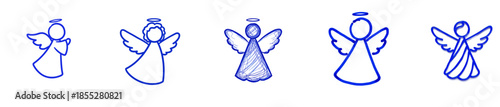 Five blue marker sketches of angel figures in various styles  
