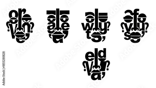 Typographic Faces Stylized Black Text Forming Human Expressions with Words 