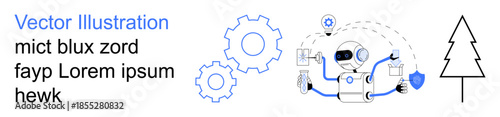 Artificial intelligence, technology innovation, robotics engineering, sustainable development, automation processes, eco-friendly concepts. Robot surrounded by gears, icons and tree. Artificial