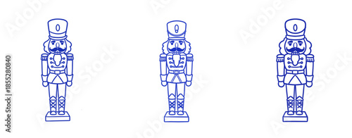 Nutcracker toy figurines drawn in blue color on white background  