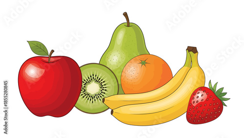 Fresh Picks Cartoon Assortment of Colorful Fruits Including Apple, Kiwi, Pear, Orange, Banana, and Strawberry on White Background