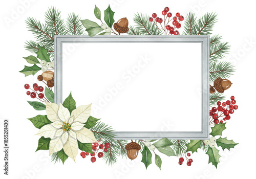 Photorealistic flat lay of a sleek rectangular silver chrome frame surrounded by a watercolor christmas vignette featuring poinsettia, pine, and red berries, on white copy space. Elegant christmas