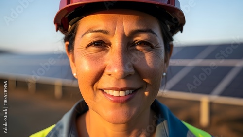 Wallpaper Mural Proud Latina Worker at Solar Farm During Golden Hour Torontodigital.ca