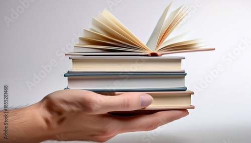 a gender neutral adult hand with neat nails gently holds a vertical stack of five muted classic books the top one open with fanned pages against a white background with diffused studio light