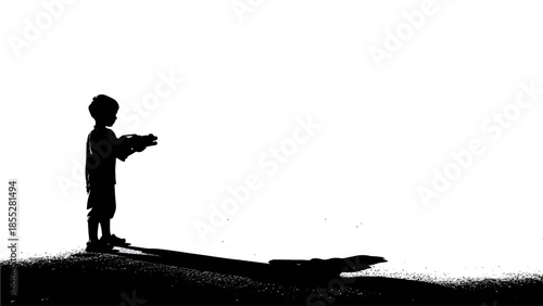 Shadow of Innocence Black Silhouette of Child Holding Toy with Long Shadow on Textured Ground