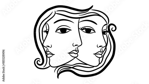 Dual Perception Optical Illusion of Two Faces Sharing Contours in Symmetrical Black Line Art on White Background