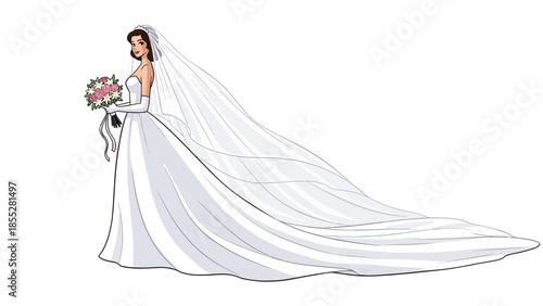 Bridal Elegance Cartoon Bride in Flowing White Gown with Pink Bouquet and Cascading Veil on White Background