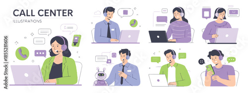 call center agent illustrations set headset laptop chat icons vector