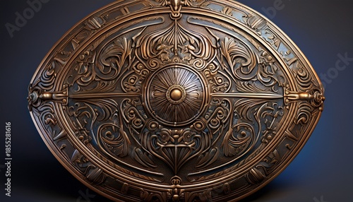ancient bronze decorative shield with intricate engravings perfect for historical or fantasy themed art and design projects