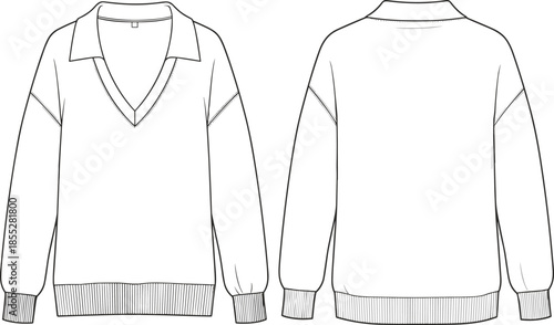 fashion flat sketch, pullover sweater design, v neck collar, long sleeve apparel, vector illustration, clothing template, cad drawing, garment outline