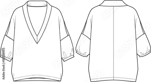 fashion flat sketch, technical garment drawing, vector illustration, v neck blouse, three quarter sleeve top, apparel design, clothing template, CAD