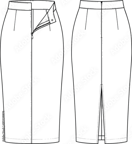 pencil skirt fashion design, technical garment illustration, vector flat drawing, clothing construction detail, apparel pattern making, professional wear, cad drawing flat vector illustration
