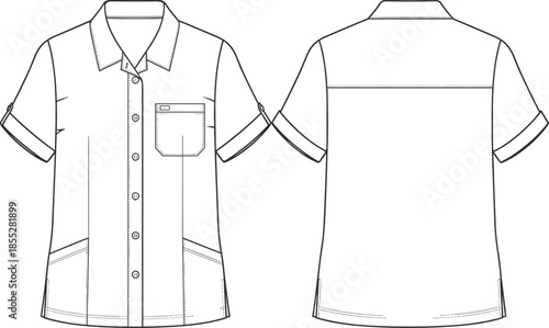 short sleeve shirt flat sketch, front back view, button up design, vector fashion illustration, apparel technical drawing, clothing template, garment construction