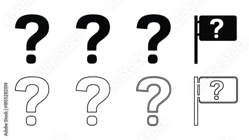 Several black and white question mark symbols in varying styles and arrangements