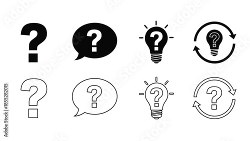 Variations of question mark and lightbulb icons representing ideas and problem solving