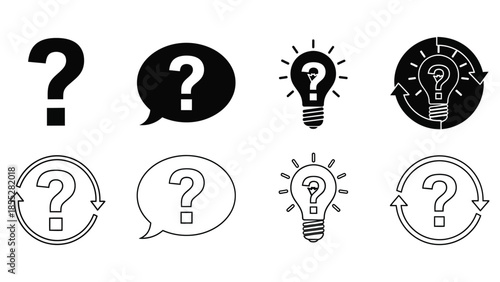 A collection of question mark and lightbulb icon variations in black and white
