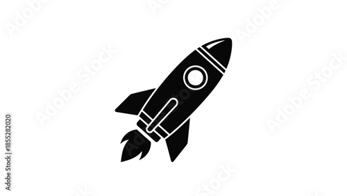 A simple black and white illustration of a rocket taking off