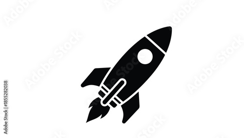 A simple black silhouette of a rocket launching into the sky