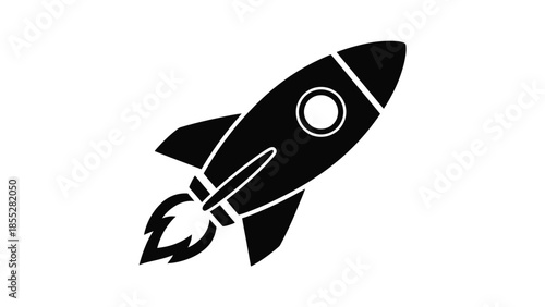 A sleek black rocket ship icon with visible exhaust flames is displayed