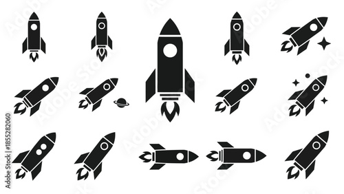 Collection of various black and white rocket ship icons in different angles